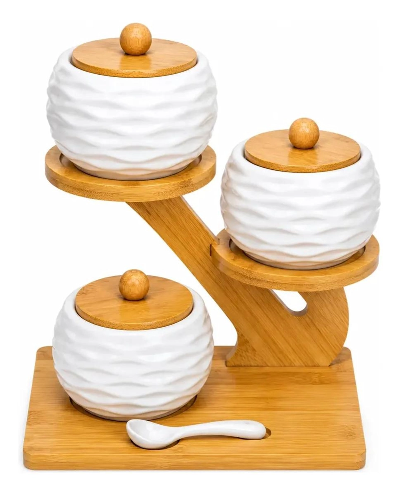 ESPECIERO CERAMICO CON BASE DE BAMBU PARA 3 FRASCOS - 1