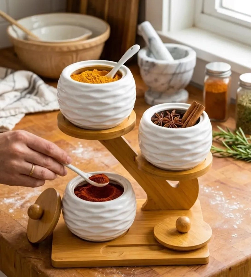ESPECIERO CERAMICO CON BASE DE BAMBU PARA 3 FRASCOS - 3