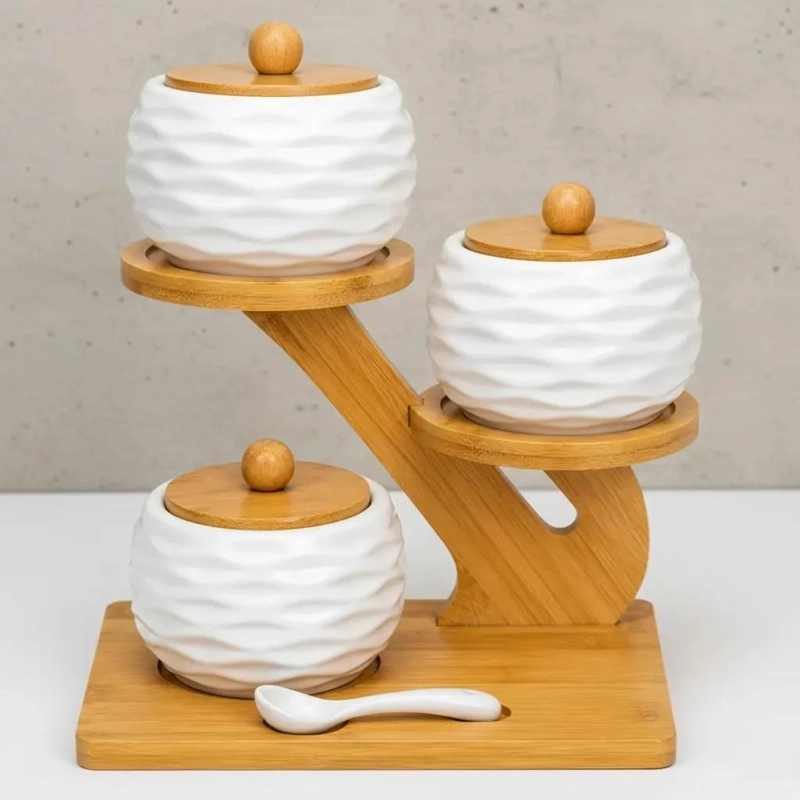 ESPECIERO CERAMICO CON BASE DE BAMBU PARA 3 FRASCOS - 4