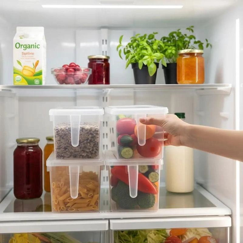 ORGANIZADOR TRANSPARENTE PARA REFRIGERADOR CON TAPA Y MANGO - 9