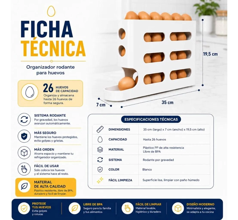 ORGANIZADOR DESLIZANTE PARA HUEVOS CON CAPACIDAD DE 26 UNIDADES - 10
