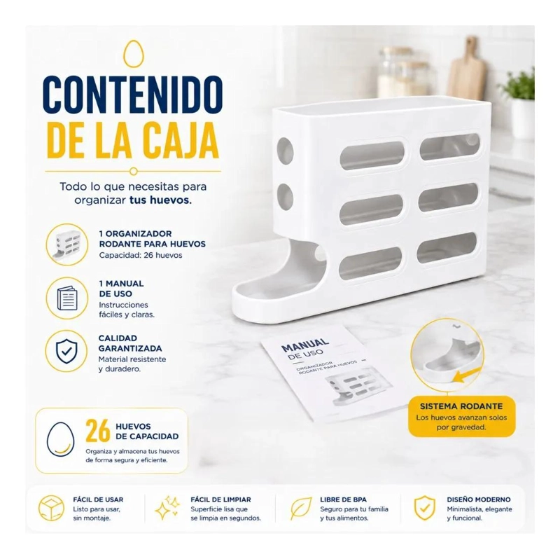 ORGANIZADOR DESLIZANTE PARA HUEVOS CON CAPACIDAD DE 26 UNIDADES - 9