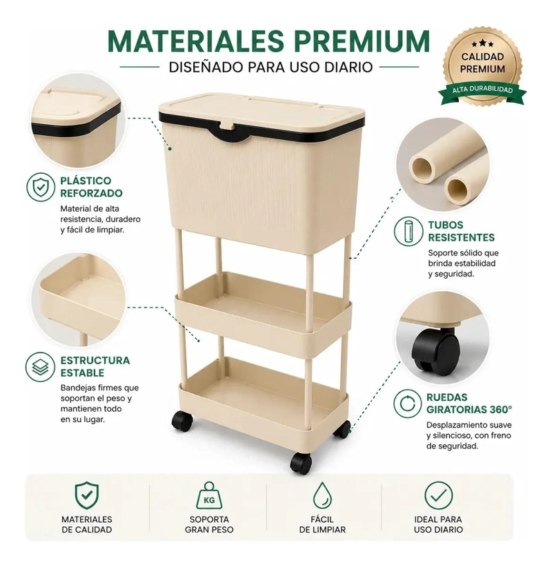 CARRO ORGANIZADOR DE COCINA CON TAPA Y RUEDAS DE 3 NIVELES - 8