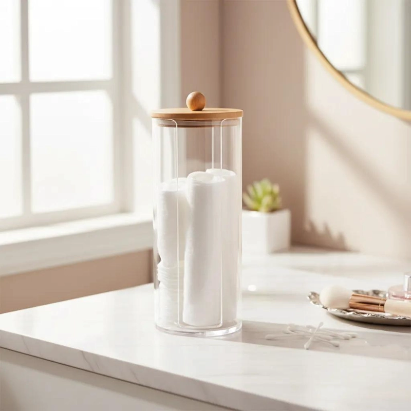 ORGANIZADOR CILINDRICO ACRILICO CON TAPA DE BAMBU PARA BELLEZA - 1