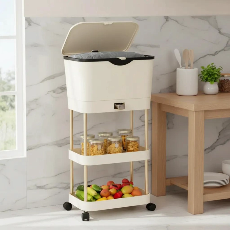 BASURERO ORGANIZADOR SLIM CON ESTANTES Y RUEDAS PARA COCINA - 1