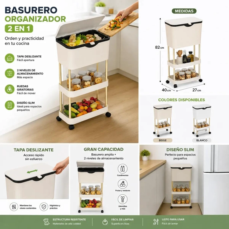 BASURERO ORGANIZADOR SLIM CON ESTANTES Y RUEDAS PARA COCINA - 4