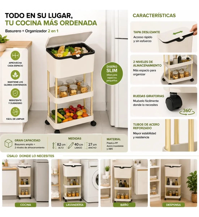 BASURERO ORGANIZADOR SLIM CON ESTANTES Y RUEDAS PARA COCINA - 5