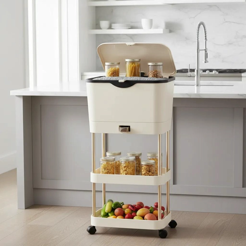 BASURERO ORGANIZADOR SLIM CON ESTANTES Y RUEDAS PARA COCINA - 6