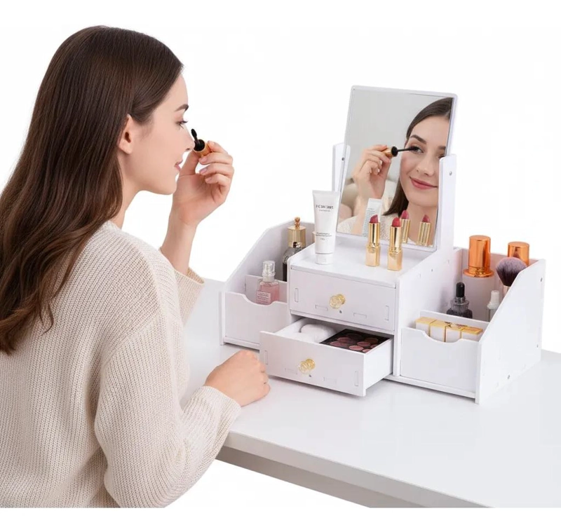 ORGANIZADOR DE MAQUILLAJE CON ESPEJO Y CAJONES PARA MUJERES - 3