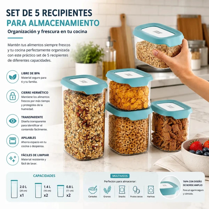 SET DE 5 RECIPIENTES HERME TICOS PARA ALIMENTOS CON TAPA VERDE - 7