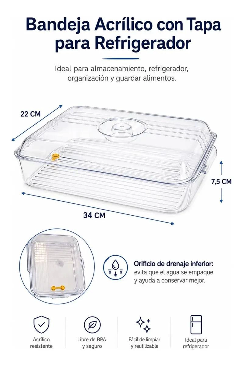 BANDEJA ACRILICA MULTIUSO CON TAPA PARA REFRIGERADOR - 6