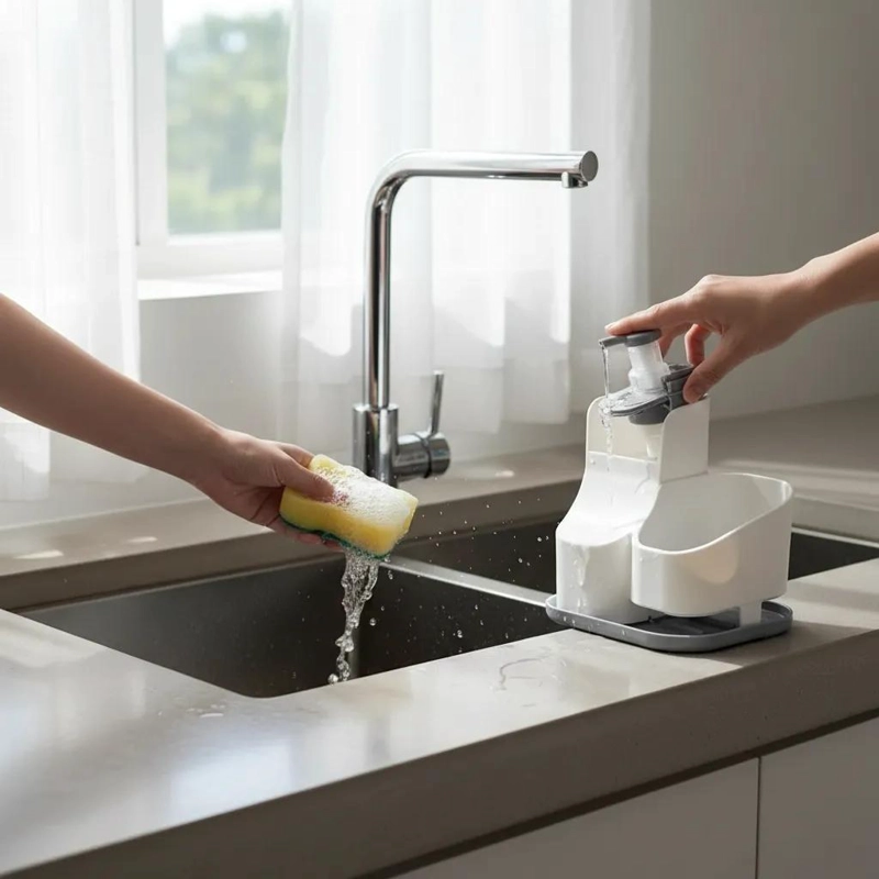 DISPENSADOR DE JABON LAVALOZA CON PORTA ESPONJA PARA COCINA - 4
