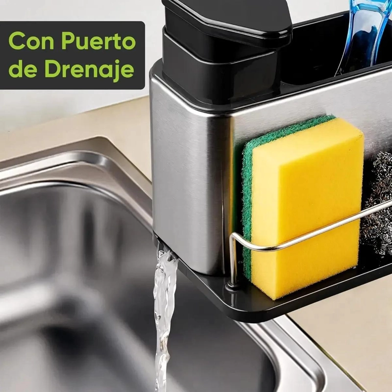 ORGANIZADOR DE FREGADERO CON DISPENSADOR DE JABON Y PORTA ESPONJA - 10
