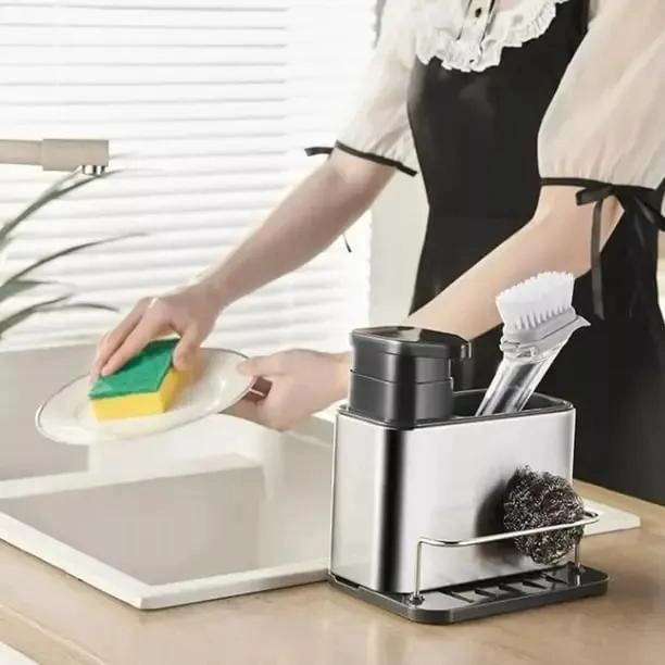 ORGANIZADOR DE FREGADERO CON DISPENSADOR DE JABON Y PORTA ESPONJA - 9