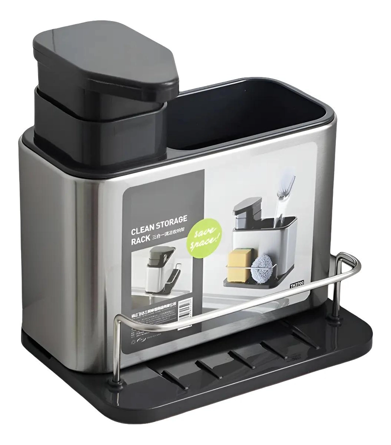 DISPENSADOR DE JABON Y PORTA ESPONJA PLATEADO PARA COCINA - 1