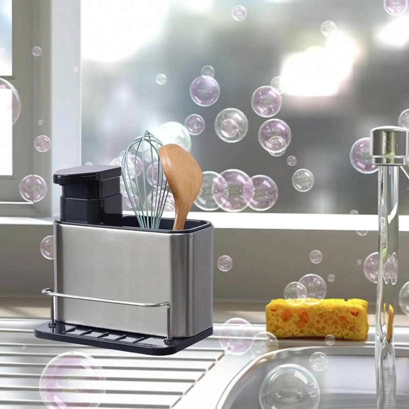DISPENSADOR DE JABON Y PORTA ESPONJA PLATEADO PARA COCINA - 7