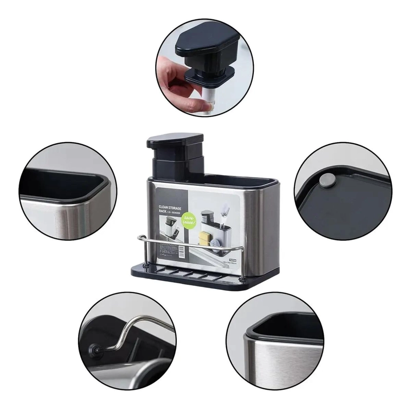 DISPENSADOR DE JABON Y PORTA ESPONJA PLATEADO PARA COCINA - 9