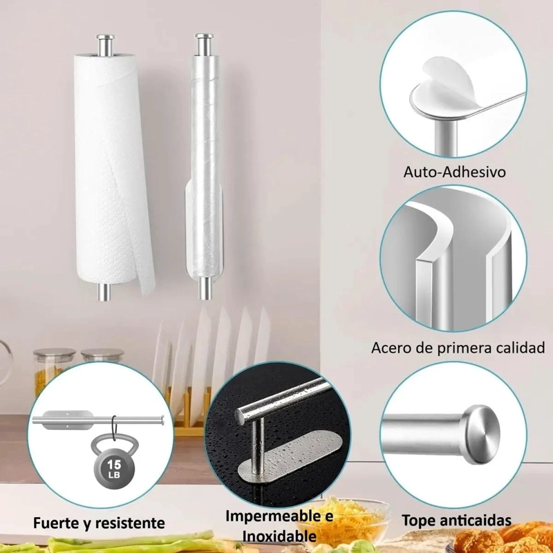 SOPORTE AUTOADHESIVO PARA TOALLAS DE PAPEL DE ACERO INOXIDABLE - 3