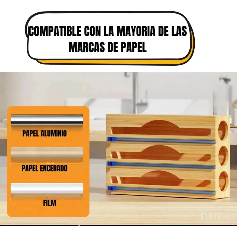 DISPENSADOR DE PAPEL ALUSA FILM DOBLE CON SOPORTE DE BAMBU - 10