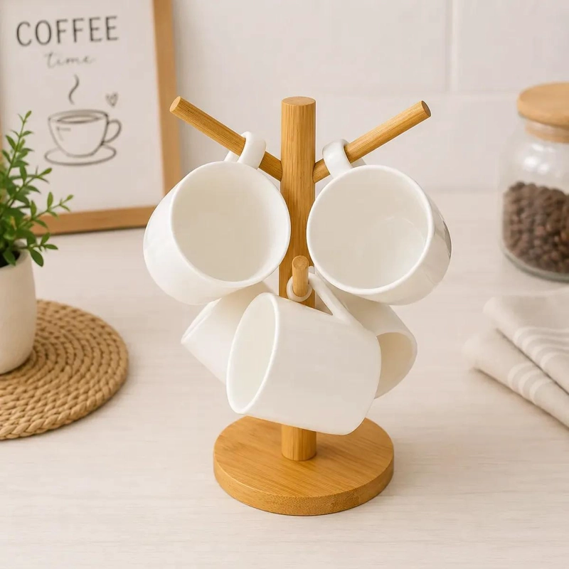 SET DE TAZAS DE CAFE  CERAMICA CON SOPORTE DE BAMBU ELEGANTE - 1