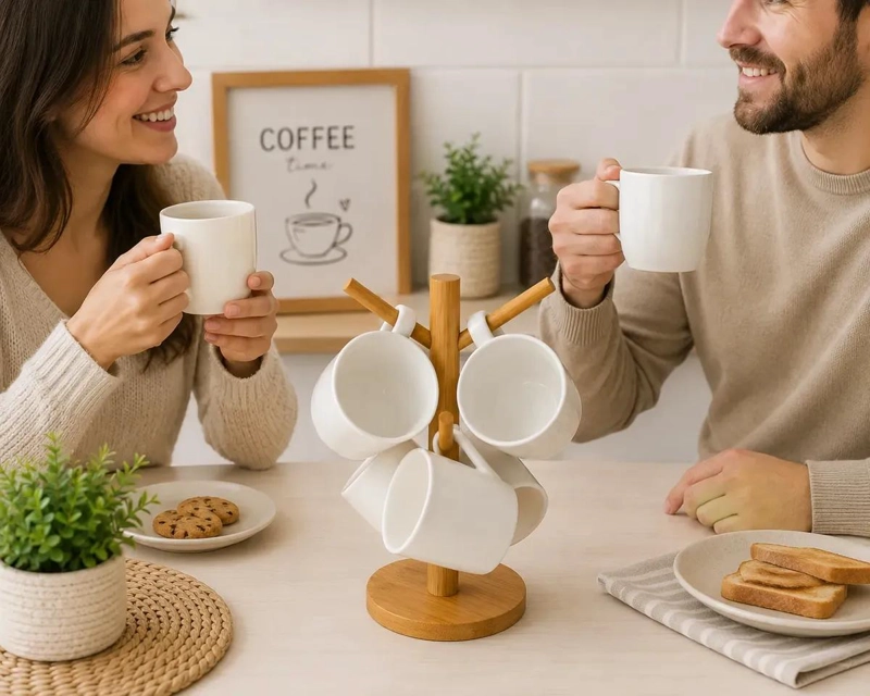 SET DE TAZAS DE CAFE  CERAMICA CON SOPORTE DE BAMBU ELEGANTE - 2