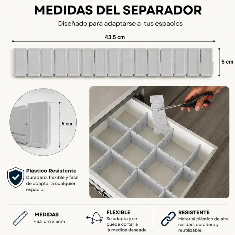 SET DE 6 SEPARADORES AJUSTABLES PARA CAJONES 43.5X5CM COLOR GRIS - 2