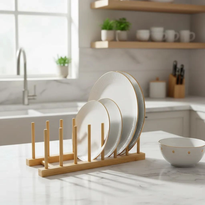 ORGANIZADOR DE BAMBU PARA PLATOS Y UTENSILIOS DE COCINA - 1