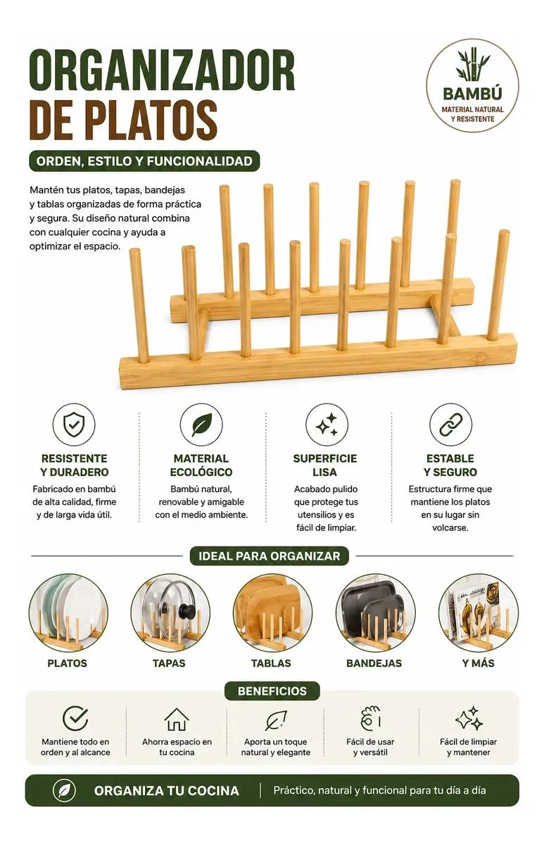 ORGANIZADOR DE BAMBU PARA PLATOS Y UTENSILIOS DE COCINA - 3