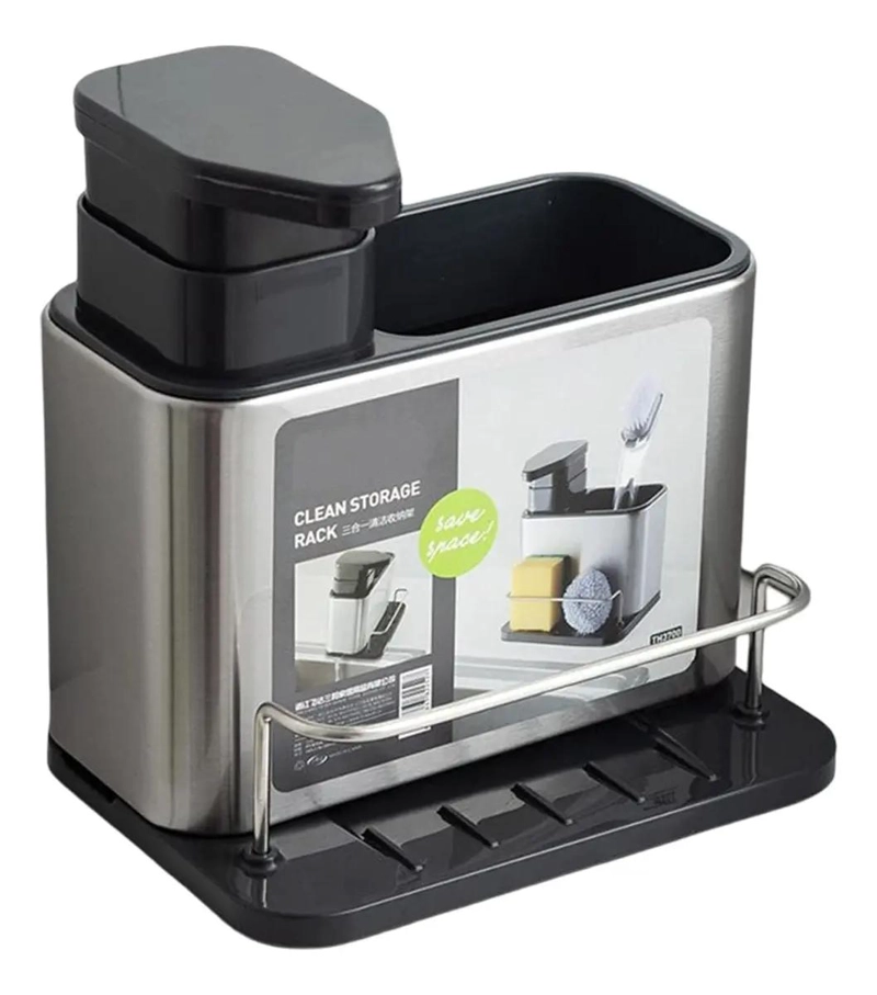 DISPENSADOR DE JABON Y PORTA ESPONJA PLATEADO PARA COCINA - 1