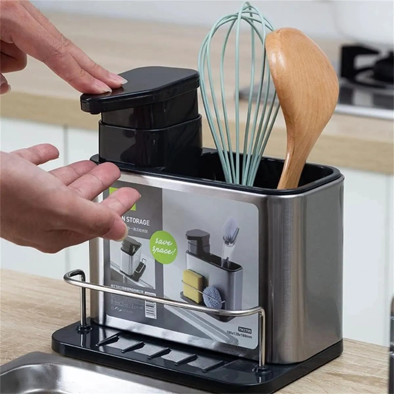 DISPENSADOR DE JABON Y PORTA ESPONJA PLATEADO PARA COCINA - 2