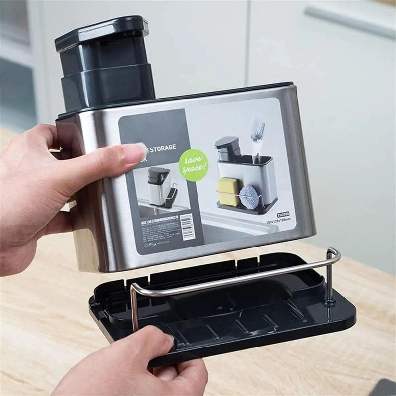 DISPENSADOR DE JABON Y PORTA ESPONJA ORGANIZADOR PLATEADO - 1