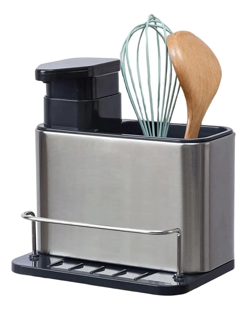 DISPENSADOR DE JABON Y PORTA ESPONJA ORGANIZADOR PLATEADO - 5
