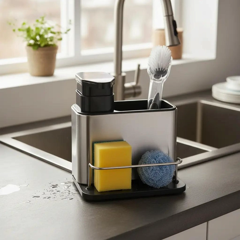 ORGANIZADOR DE FREGADERO CON DISPENSADOR DE JABON Y PORTA ESPONJA - 1
