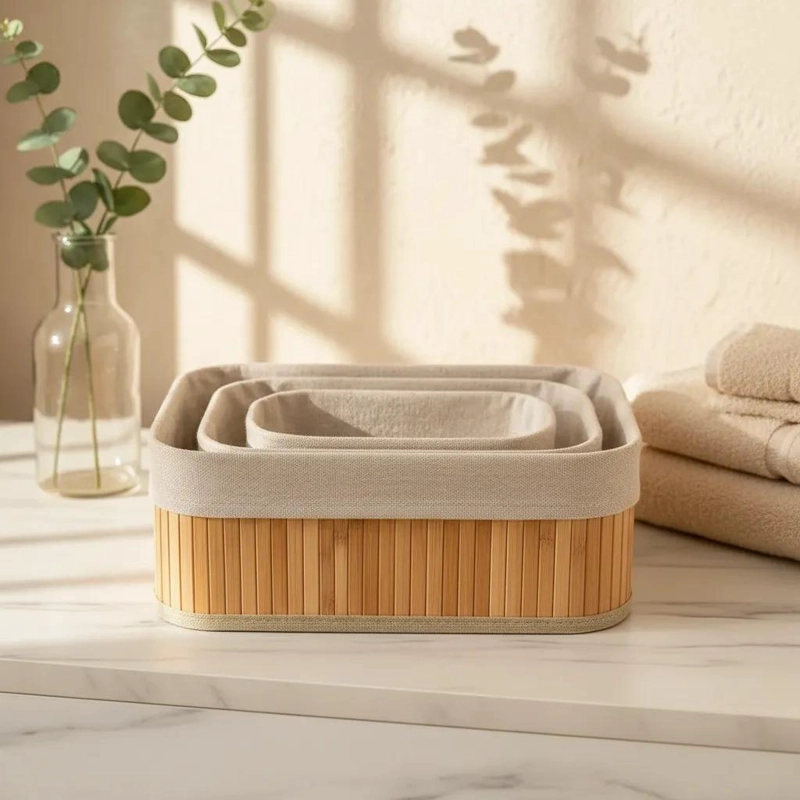 SET DE 3 CAJAS ORGANIZADORAS DE BAMBU Y TELA PARA EL HOGAR - 1