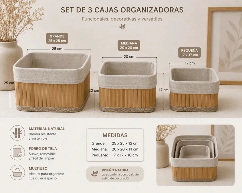 SET DE 3 CAJAS ORGANIZADORAS DE BAMBU Y TELA PARA EL HOGAR - 2