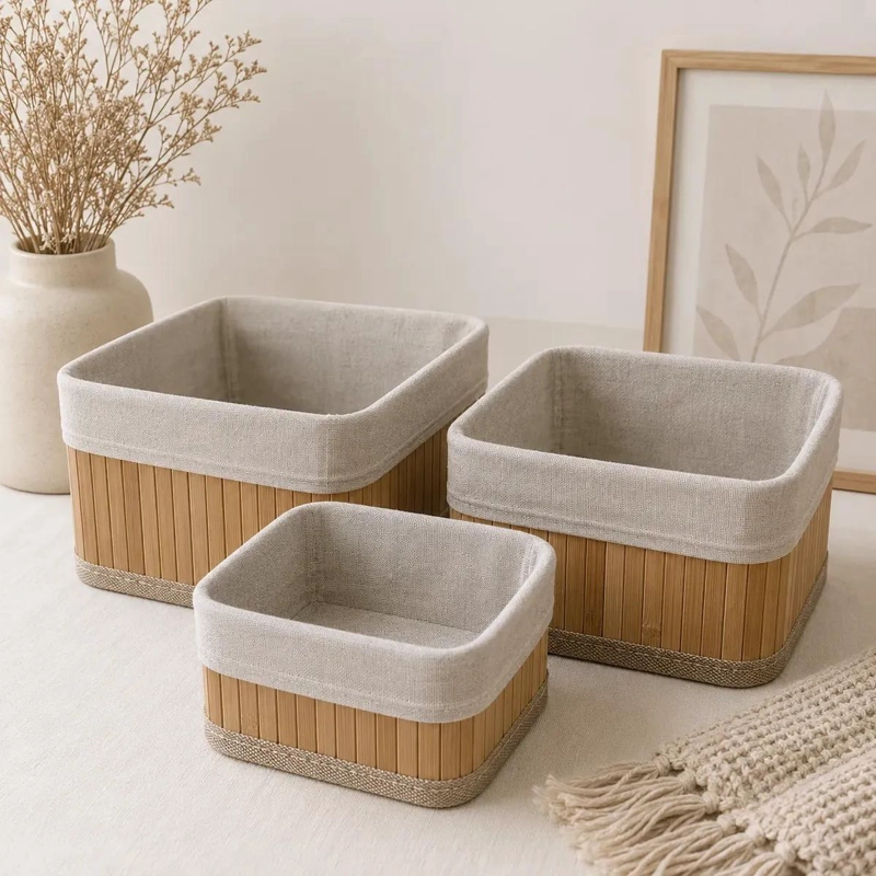SET DE 3 CAJAS ORGANIZADORAS DE BAMBU Y TELA PARA EL HOGAR - 3