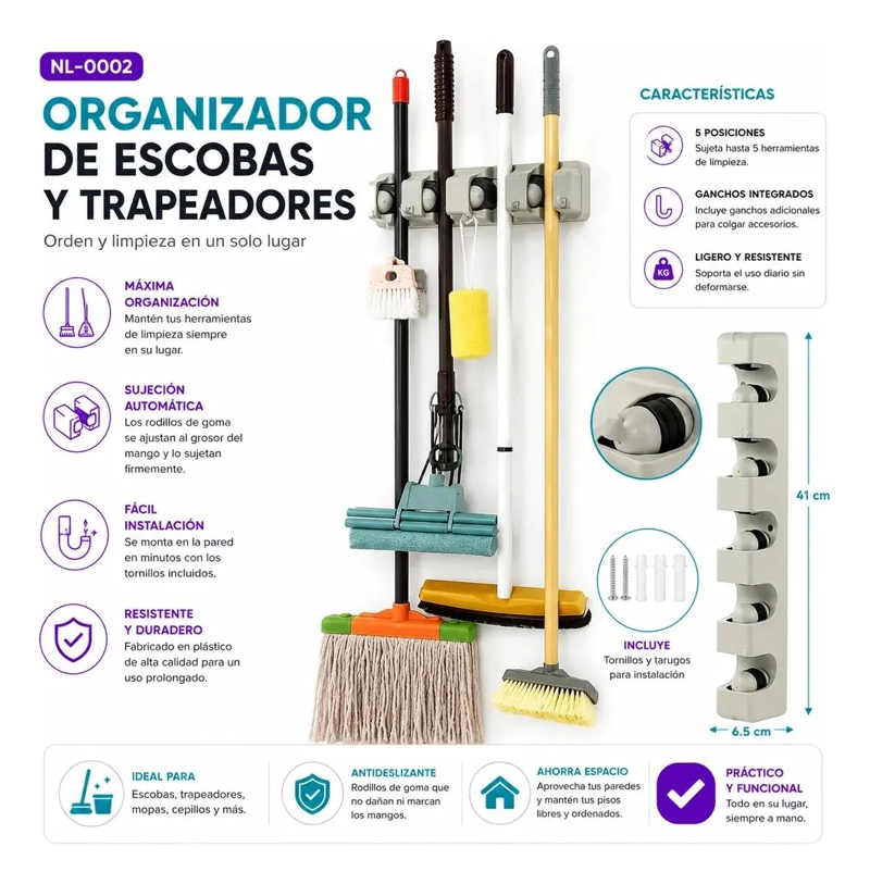 ORGANIZADOR DE PARED PARA ESCOBAS Y HERRAMIENTAS DE LIMPIEZA - 3