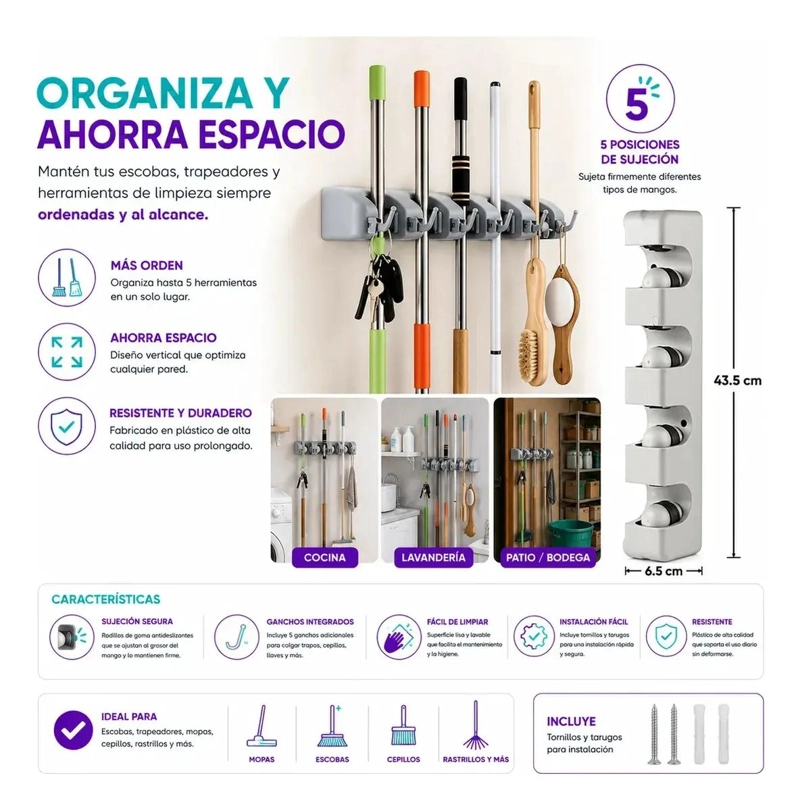 ORGANIZADOR DE PARED PARA ESCOBAS Y HERRAMIENTAS DE LIMPIEZA - 4