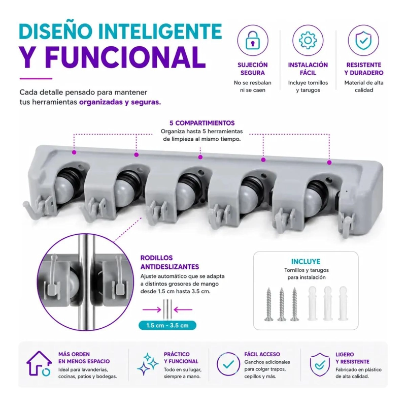 ORGANIZADOR DE PARED PARA ESCOBAS Y HERRAMIENTAS DE LIMPIEZA - 5