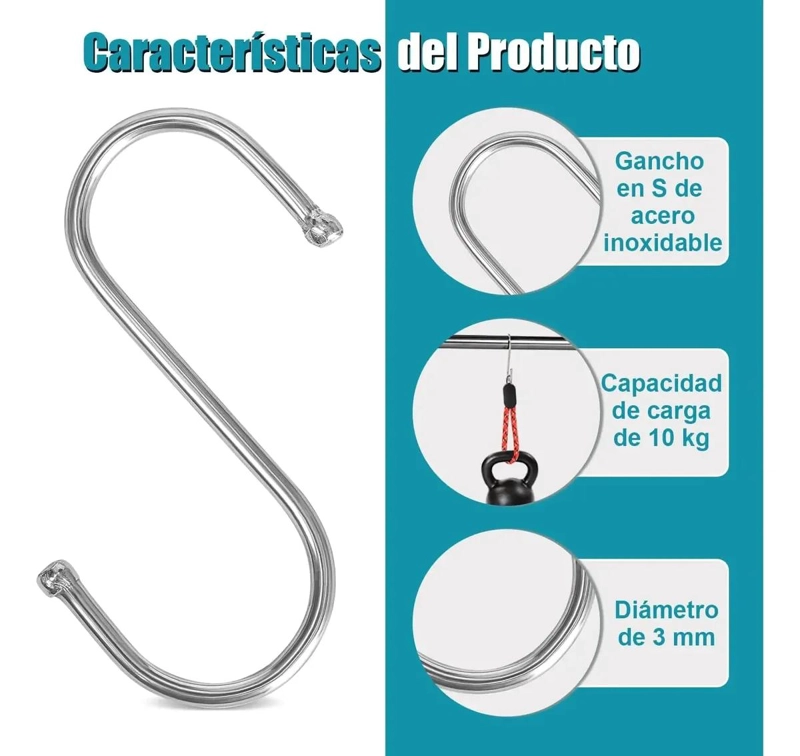 PAQUETE DE 10 GANCHOS EN FORMA DE S DE ACERO INOXIDABLE DE 9 CM - 3
