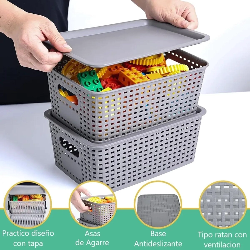 CAJA ORGANIZADORA DE RATAN 6 LITROS COLOR GRIS PARA EL HOGAR - 2
