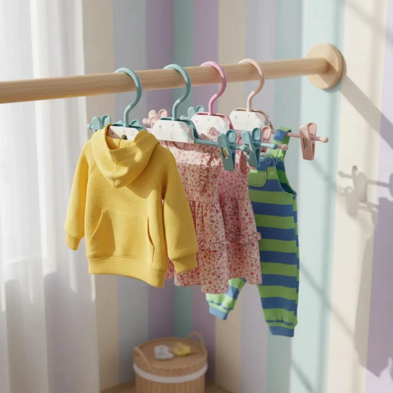 JUEGO DE COLGADORES DE PLASTICO PARA ROPA INFANTIL EN COLORES PASTEL - 3