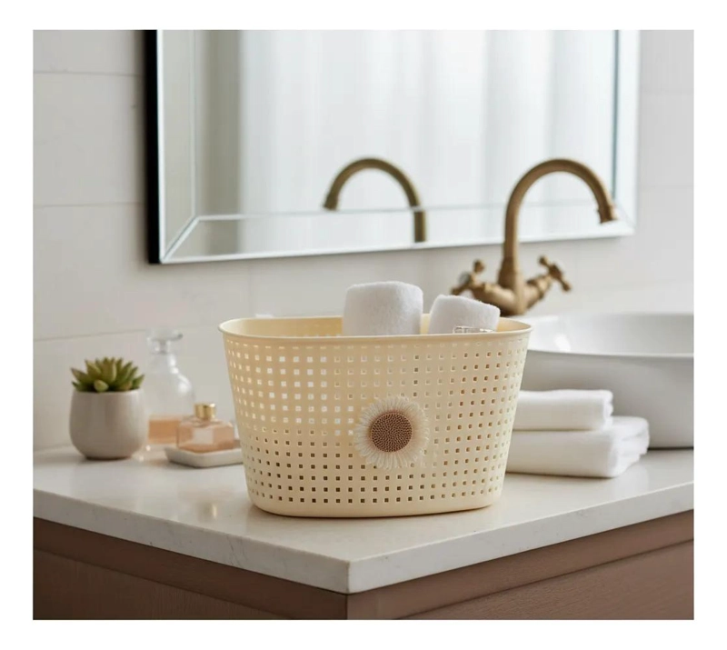 CANASTO ORGANIZADOR PLASTICO BEIGE 34X20X14 CM CON FLOR DECORATIVA - 2