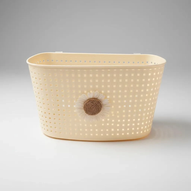 CANASTO ORGANIZADOR PLASTICO BEIGE 34X20X14 CM CON FLOR DECORATIVA - 4