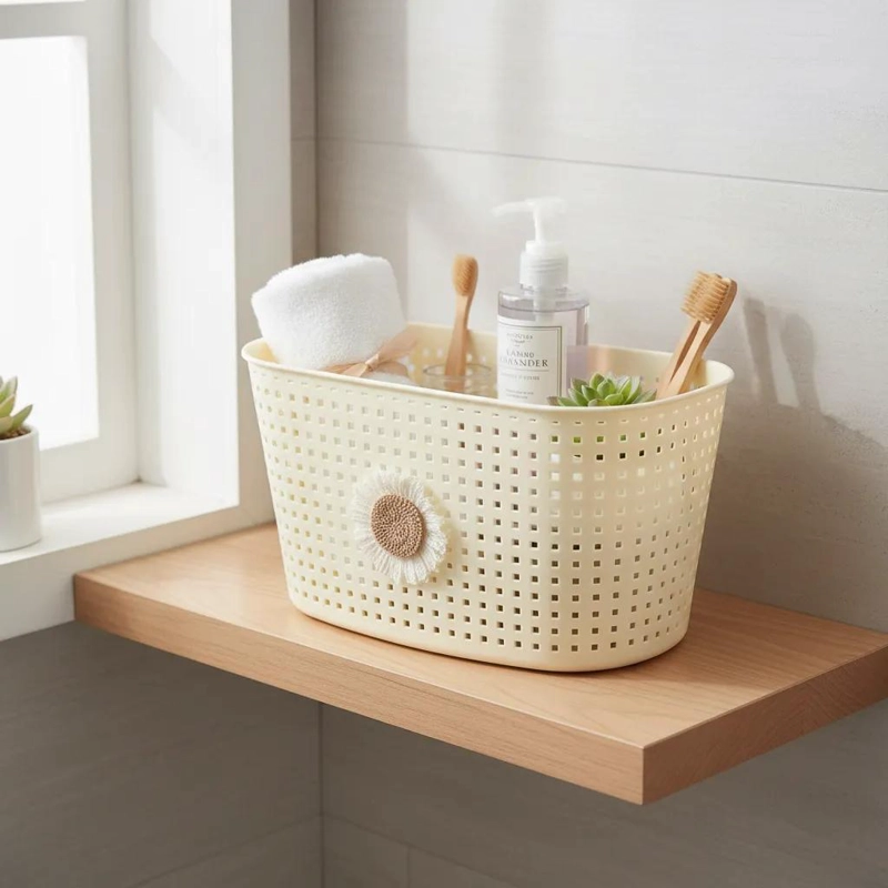 CANASTO ORGANIZADOR PLASTICO BEIGE 34X20X14 CM CON FLOR DECORATIVA - 6