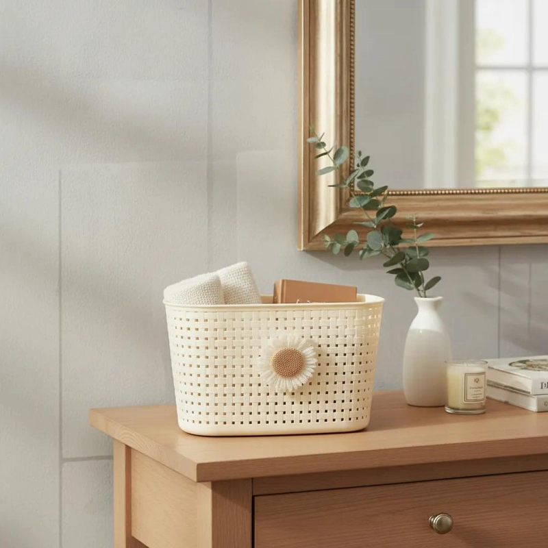 CANASTO ORGANIZADOR PLASTICO BEIGE 34X20X14 CM CON FLOR DECORATIVA - 7