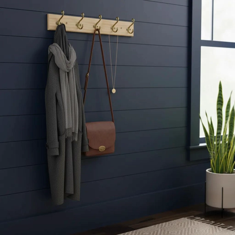 PERCHERO DE PARED DE MADERA NATURAL CON 5 GANCHOS METALICOS - 2