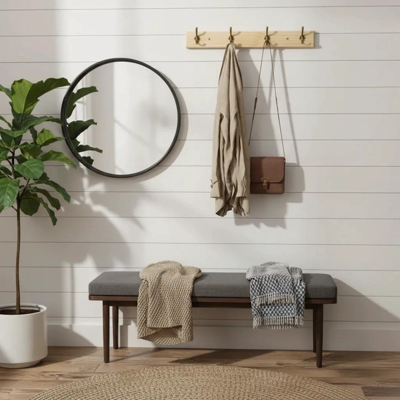 PERCHERO DE PARED DE MADERA NATURAL CON 5 GANCHOS METALICOS - 3