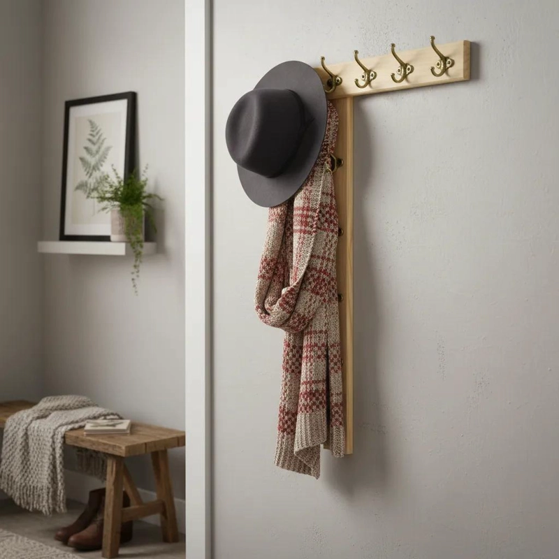 PERCHERO DE PARED DE MADERA NATURAL CON 5 GANCHOS METALICOS - 4