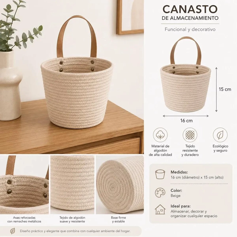 CANASTO ORGANIZADOR TEJIDO ALGODON CON ASAS DE CUERO 16X15 CM - 2